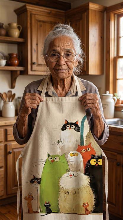 Della Holloway holding up one of her hand-stitched cat aprons in her kitchen