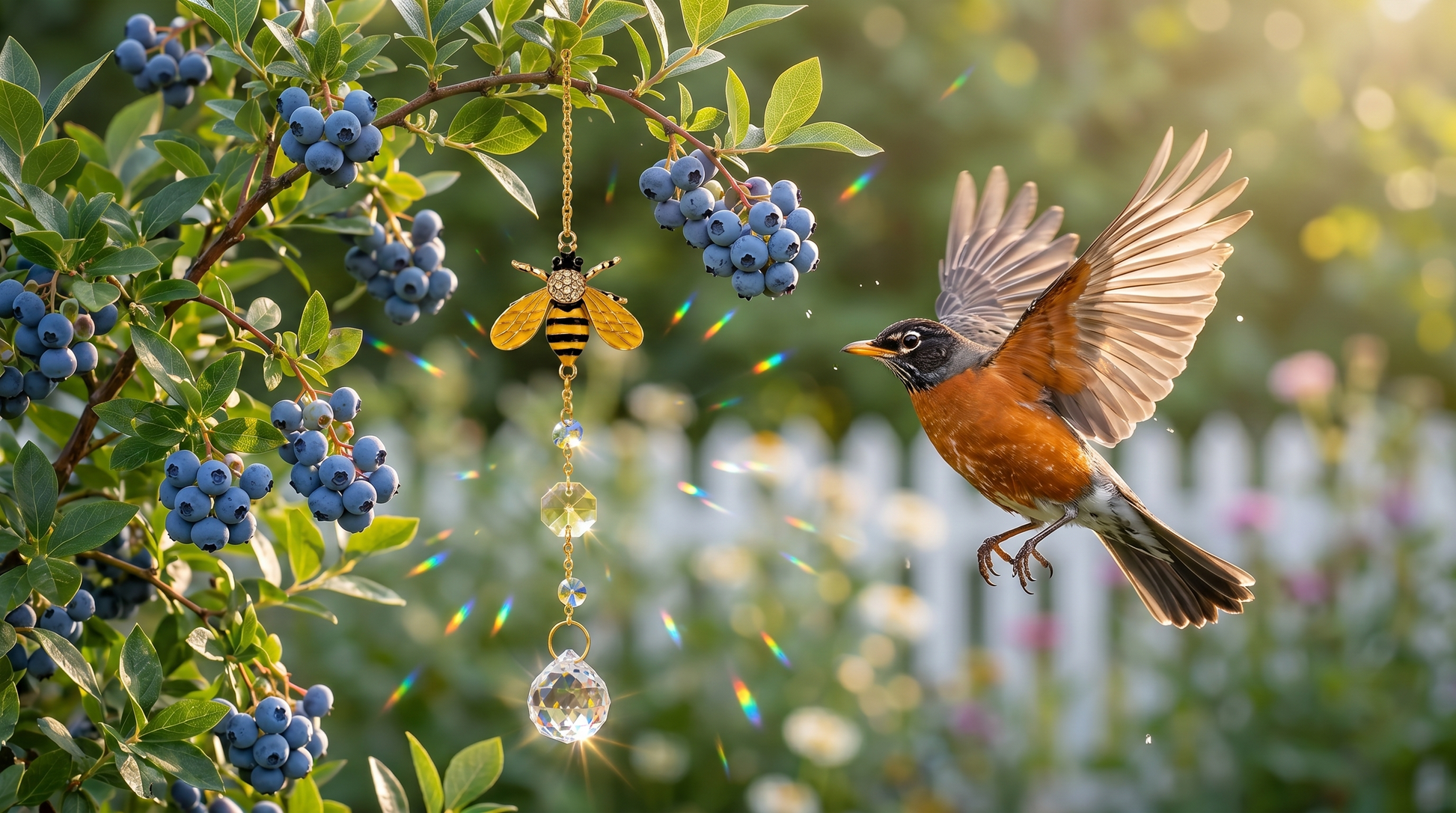 An American robin banking away from a blueberry bush as the crystal light-catcher flashes