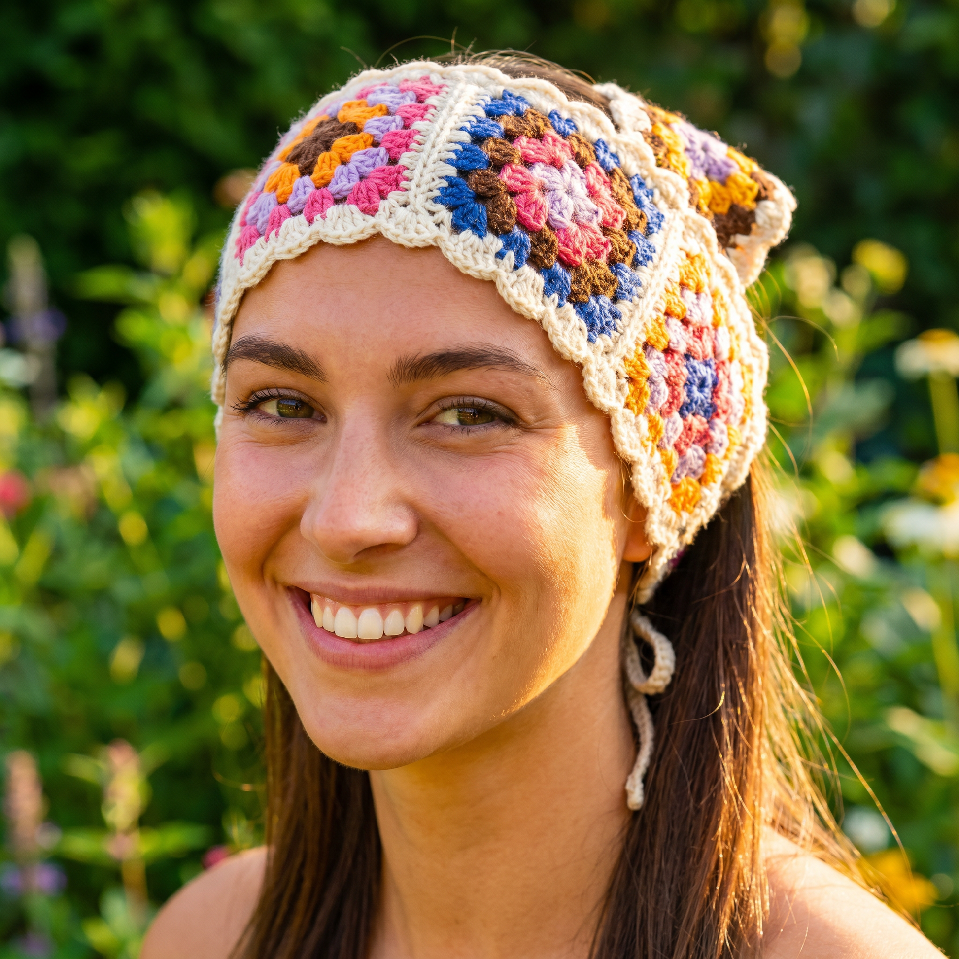 Young woman wearing a cream multicolored granny-square headband outdoors in sunlight