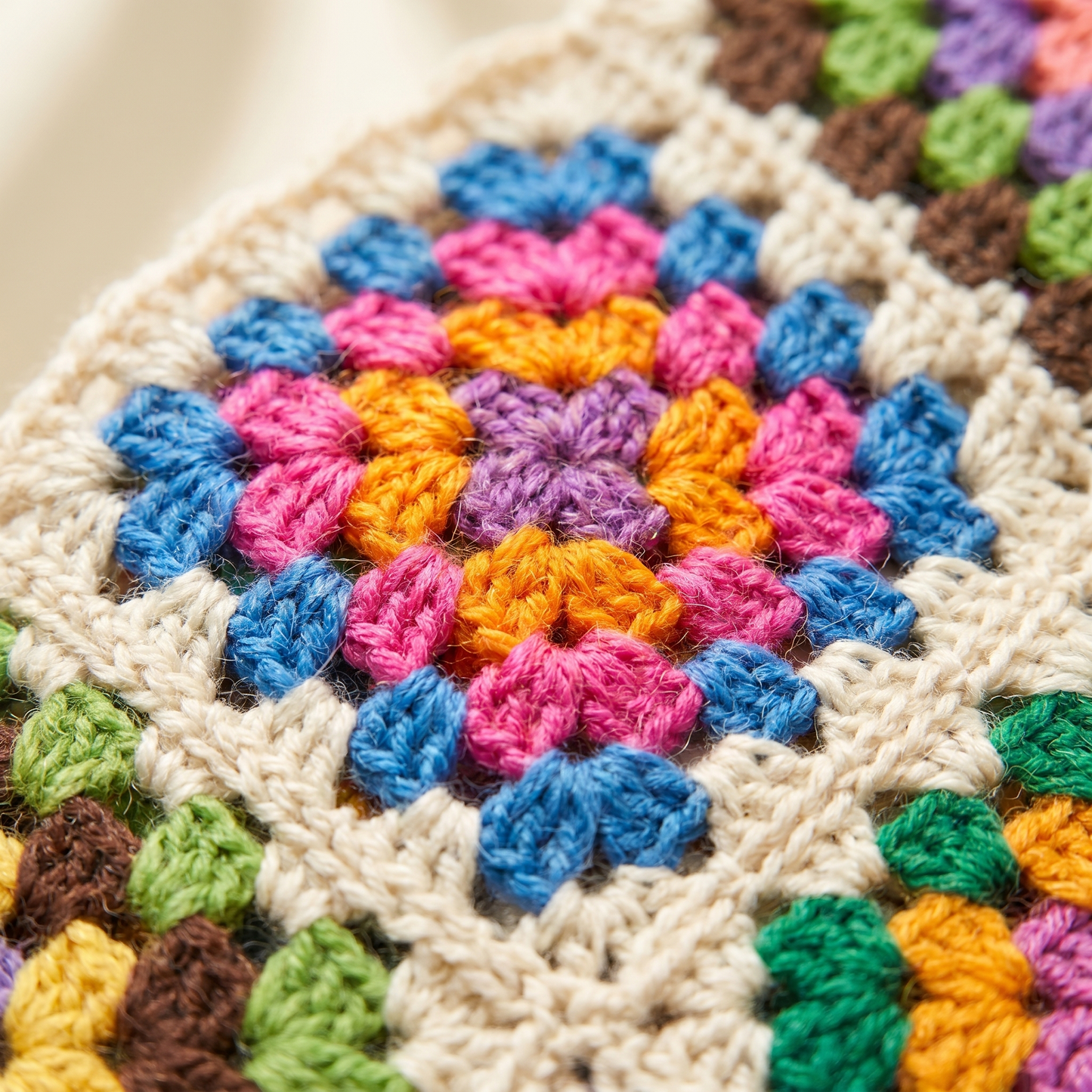 Macro close-up of a granny square showing the floral center and clustered wool stitches