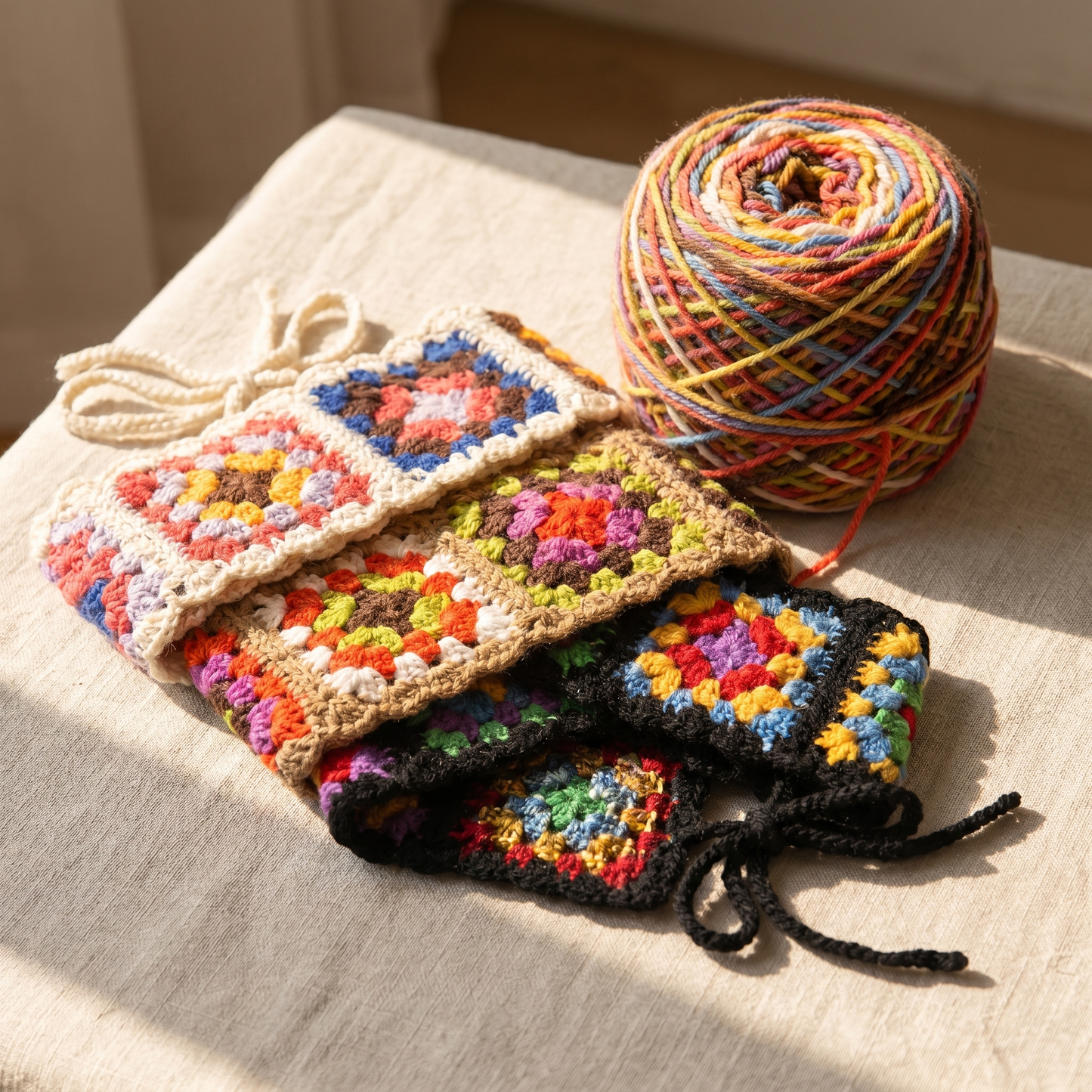 Three granny-square headbands stacked beside a ball of colorful wool yarn