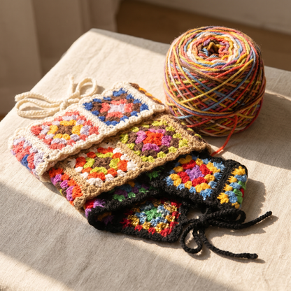 Three granny-square headbands stacked beside a ball of colorful wool yarn