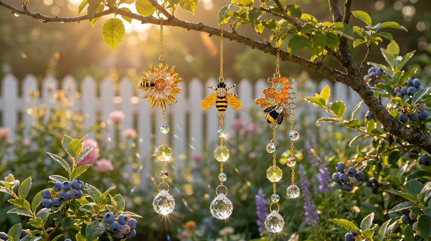 Three bee-themed crystal light-catchers hanging from a branch at dawn