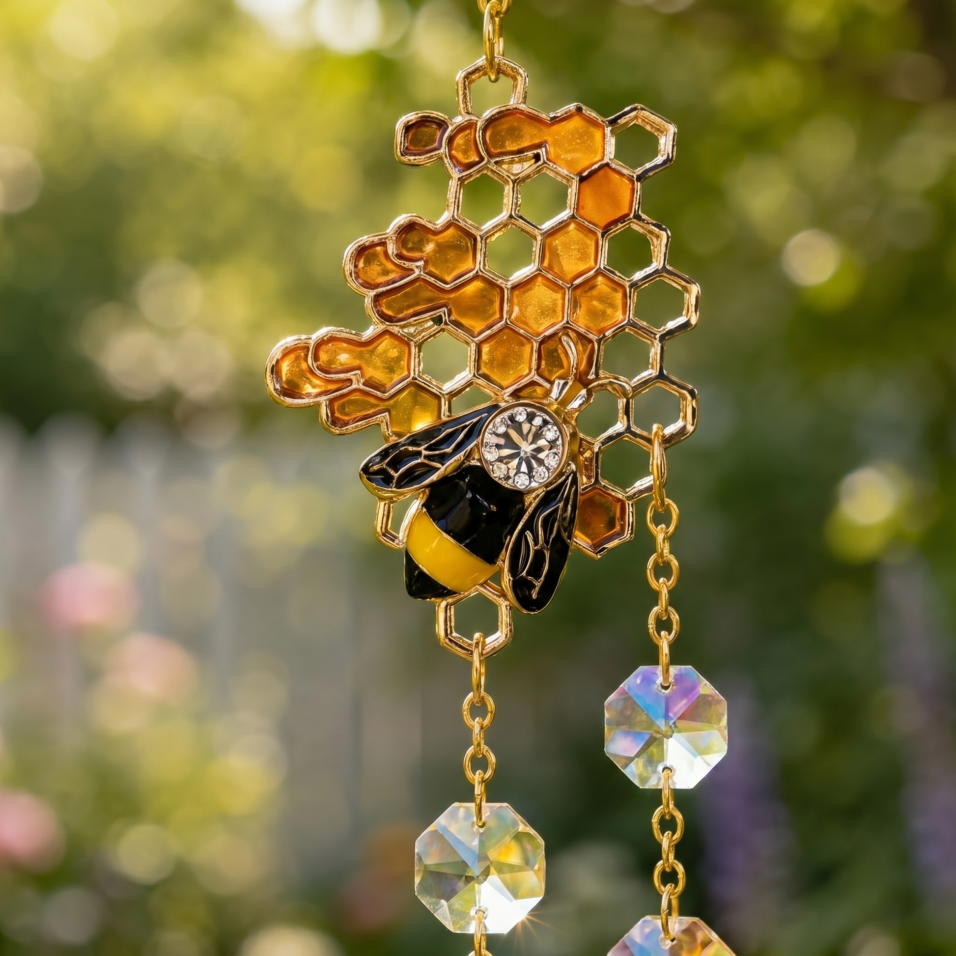 Close-up of the honeycomb and bumblebee topper with crystal beads