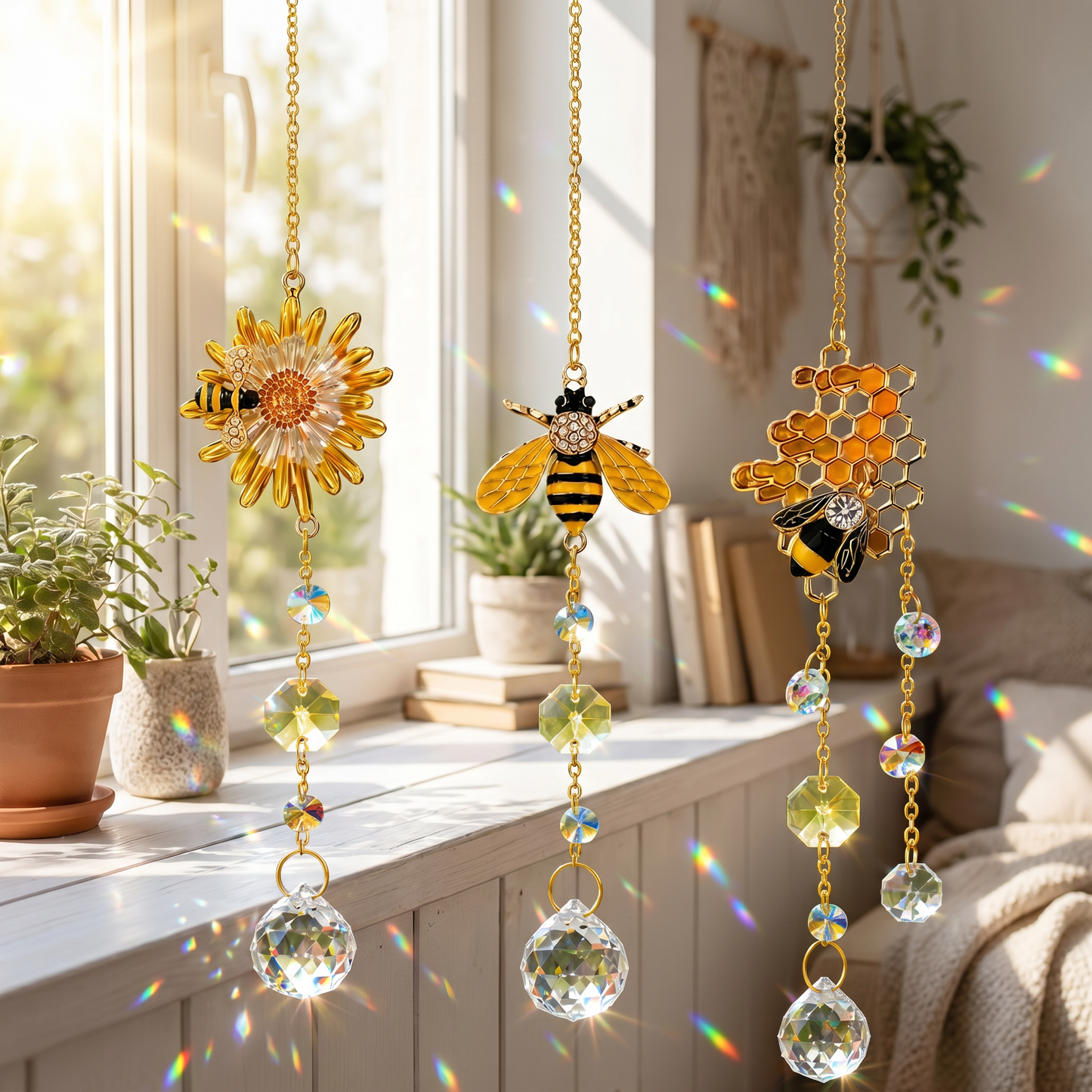 Three crystal light-catchers hanging in a sunny window throwing rainbows across the sill