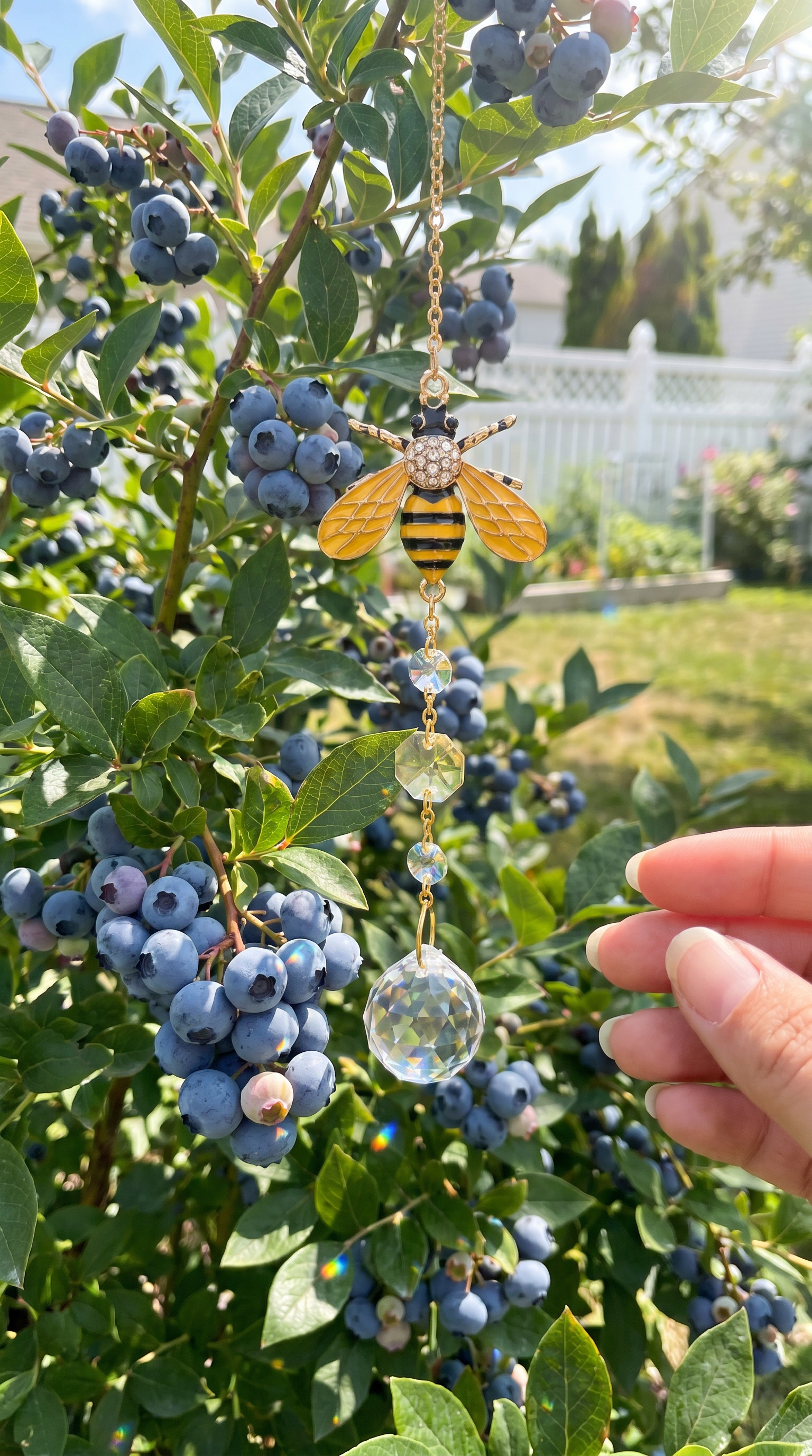 UGC suncatcher in a backyard blueberry bush