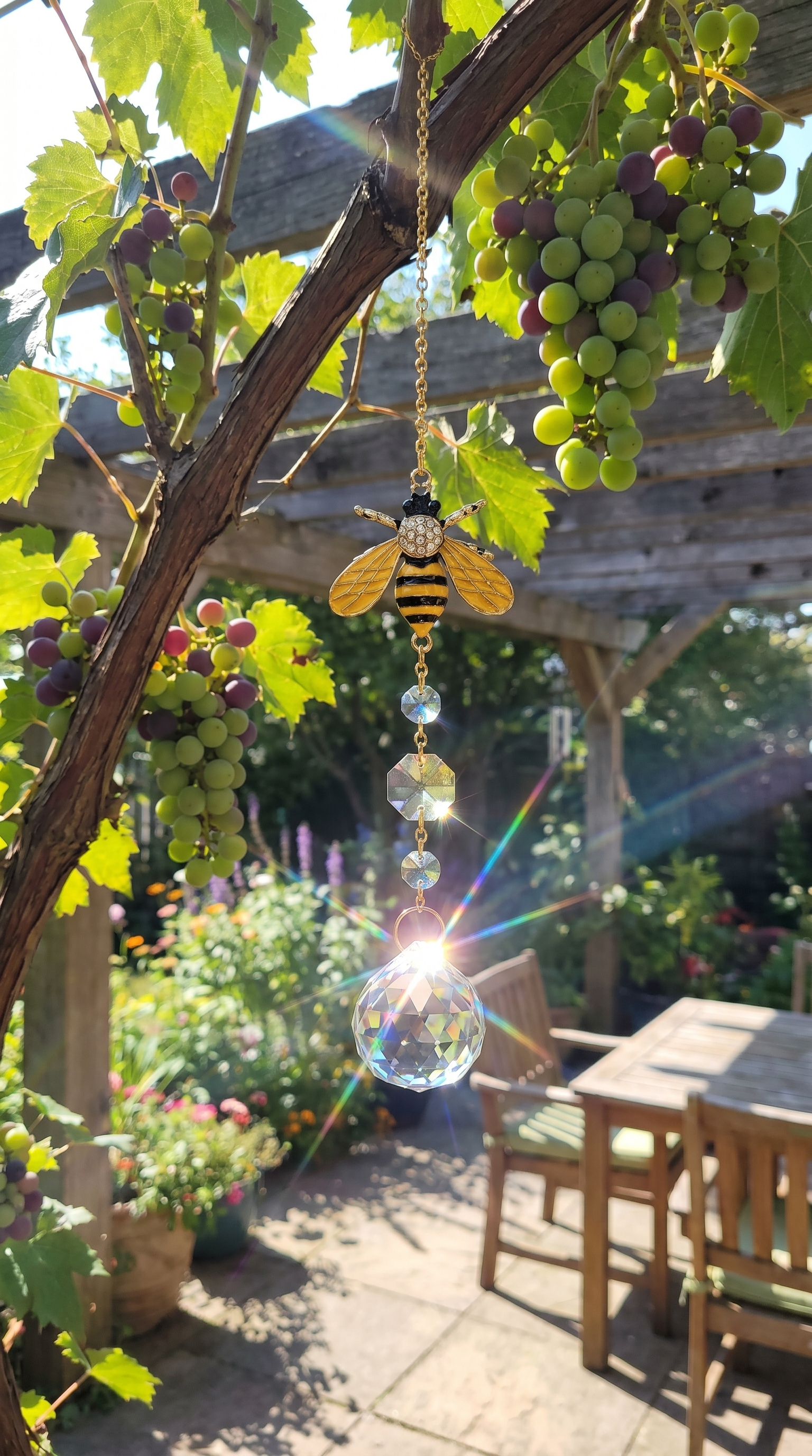 UGC suncatcher on a grapevine pergola