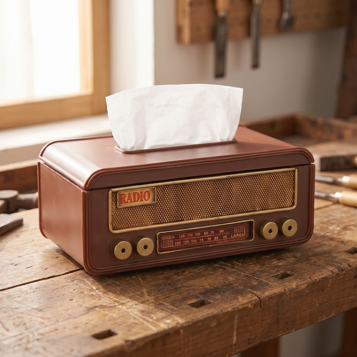 Radio tissue box on Earl's wooden workbench