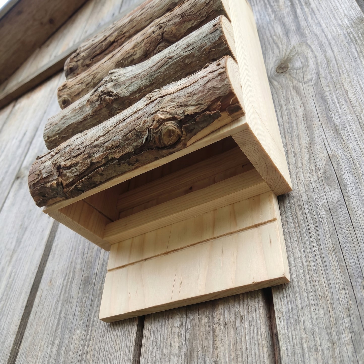 Low-angle view showing the open-bottom entry and landing board where bats climb in