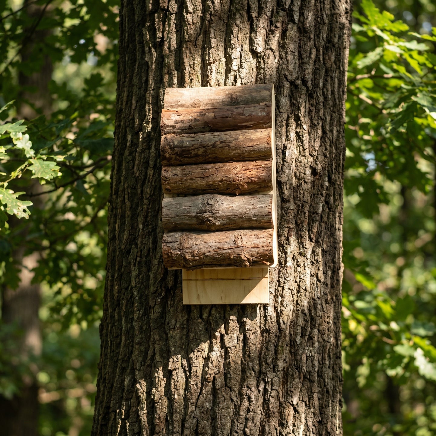 Bat house mounted on an oak tree trunk in dappled forest light