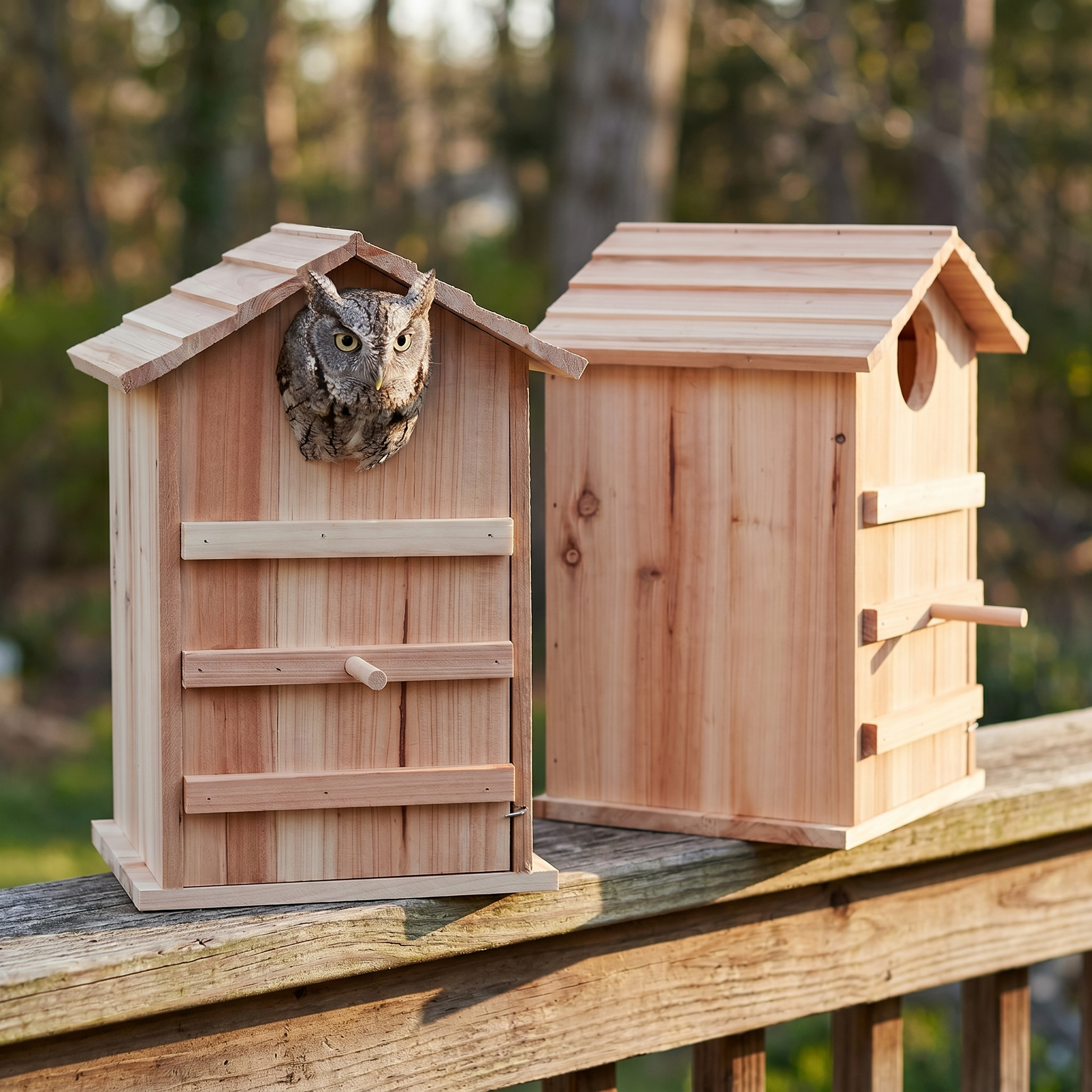 Two owl houses on a deck rail, one with a screech-owl looking out