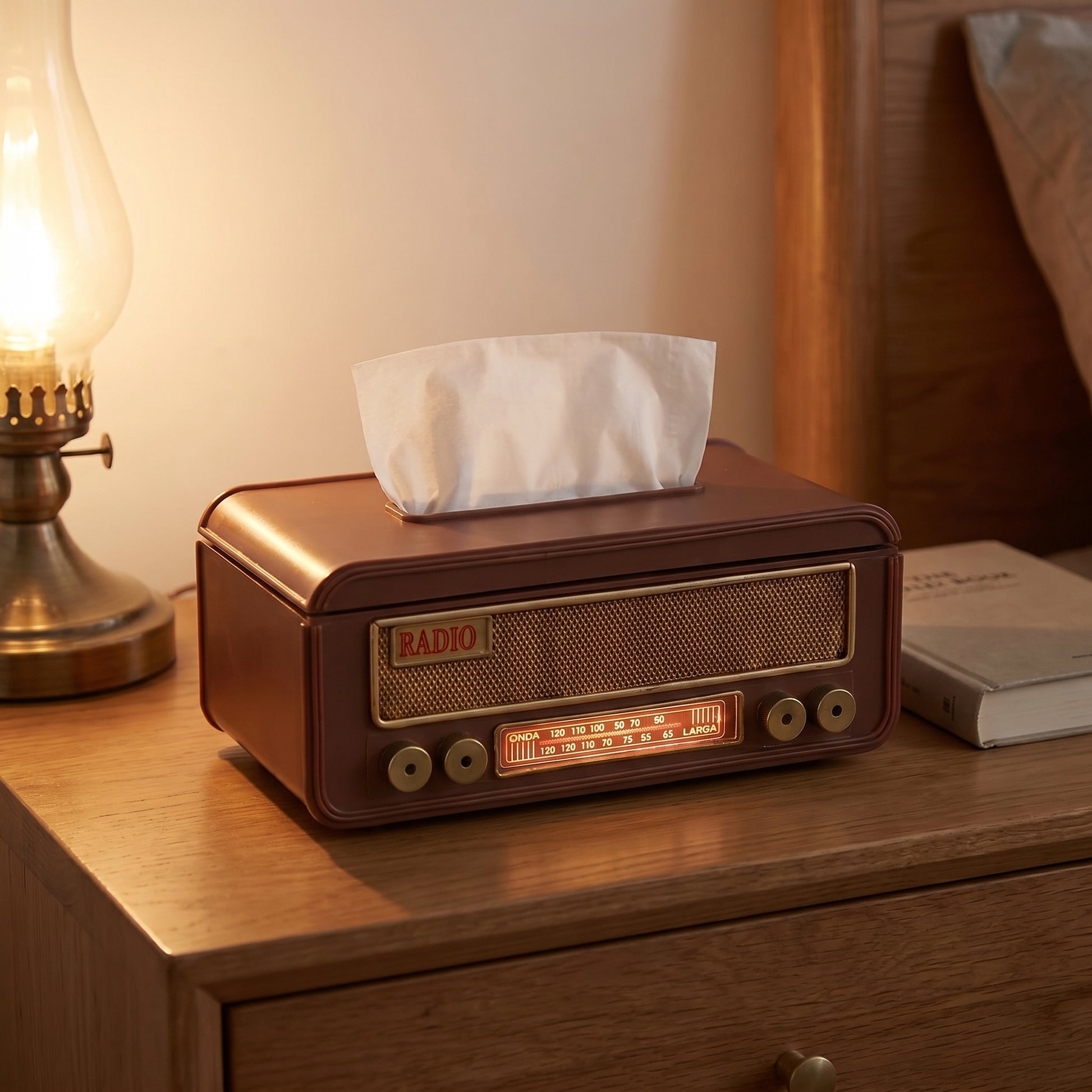 Radio tissue box glowing on a bedside nightstand