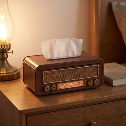 Radio tissue box glowing on a bedside nightstand