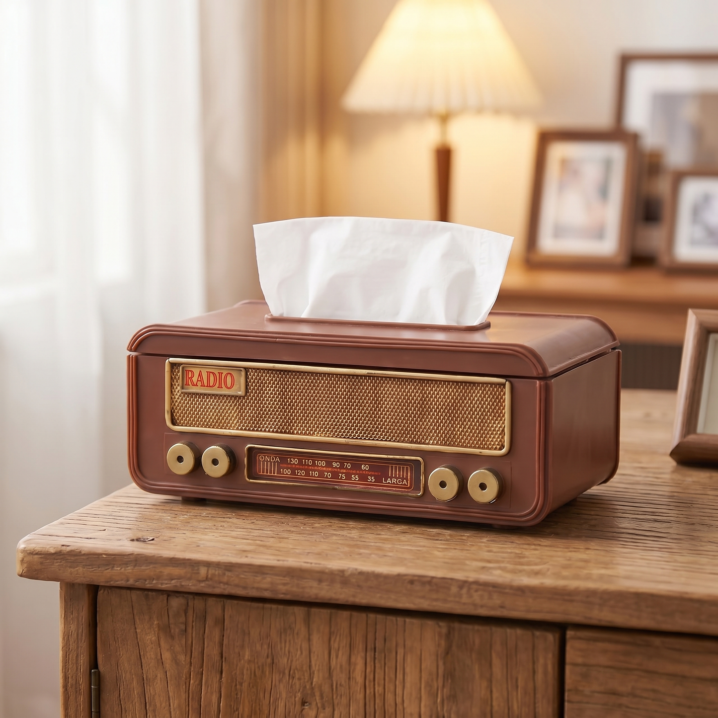 Radio tissue box on a living-room sideboard
