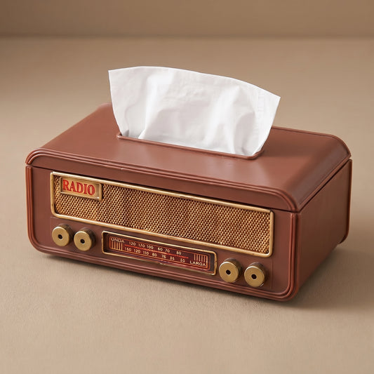 Earl's hand-built radio tissue box - reddish-brown vintage radio with glowing dial and tissue out the top