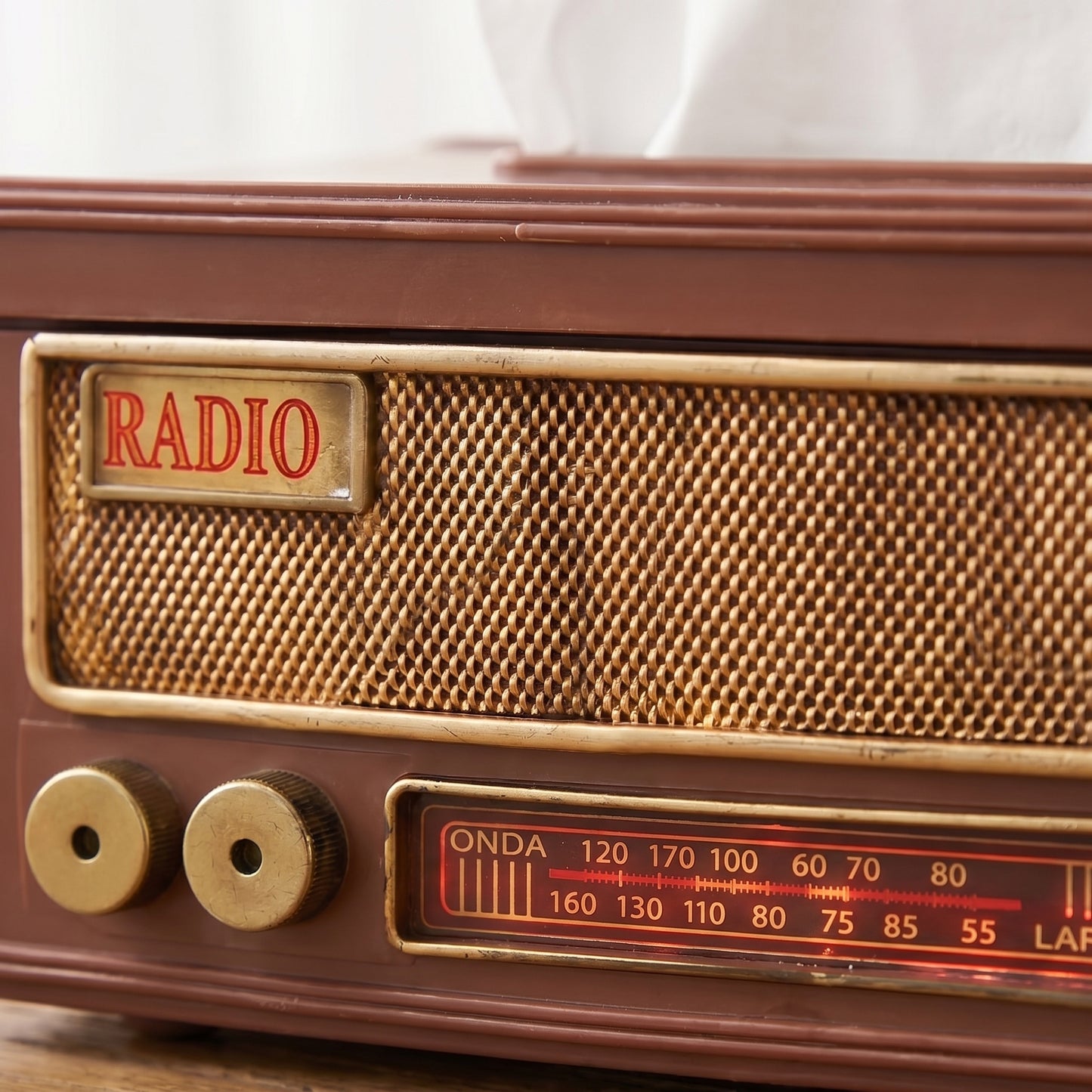Close-up of the RADIO nameplate, mesh grille and glowing ONDA-LARGA dial