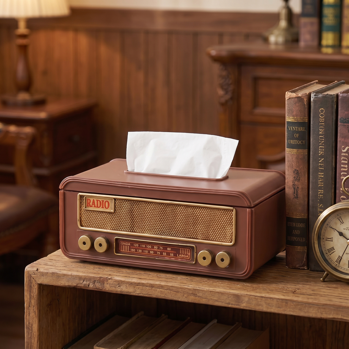 Radio tissue box on a den shelf beside old books and a brass clock