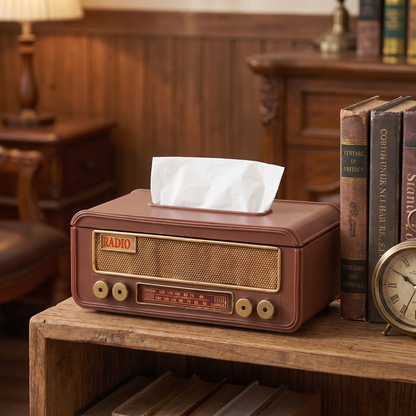 Radio tissue box on a den shelf beside old books and a brass clock