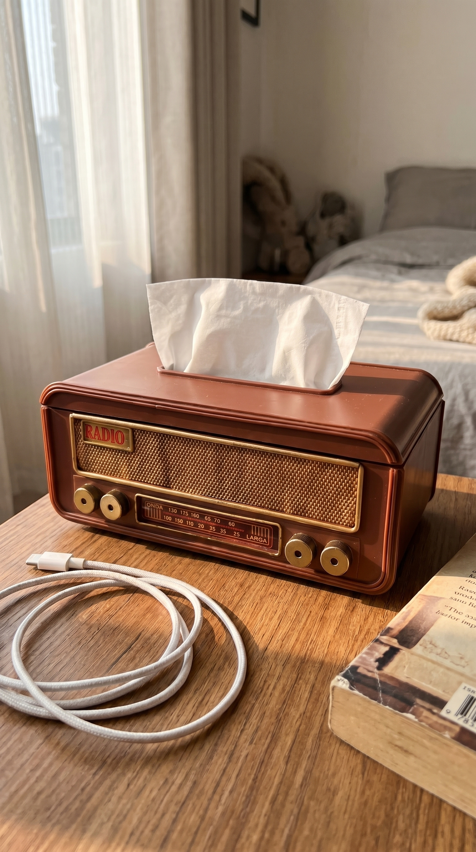 Radio tissue box on a bedroom nightstand