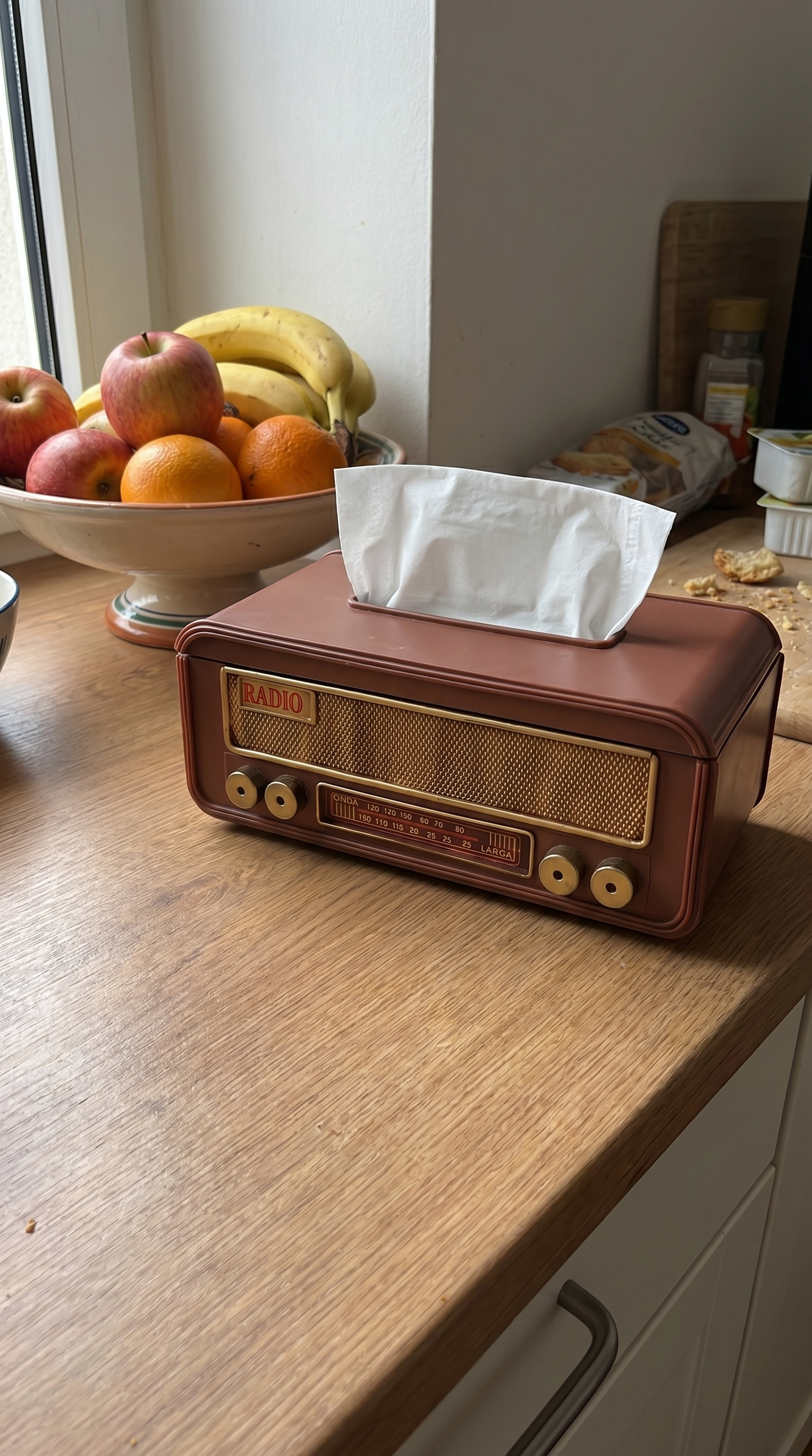 Radio tissue box on a kitchen counter