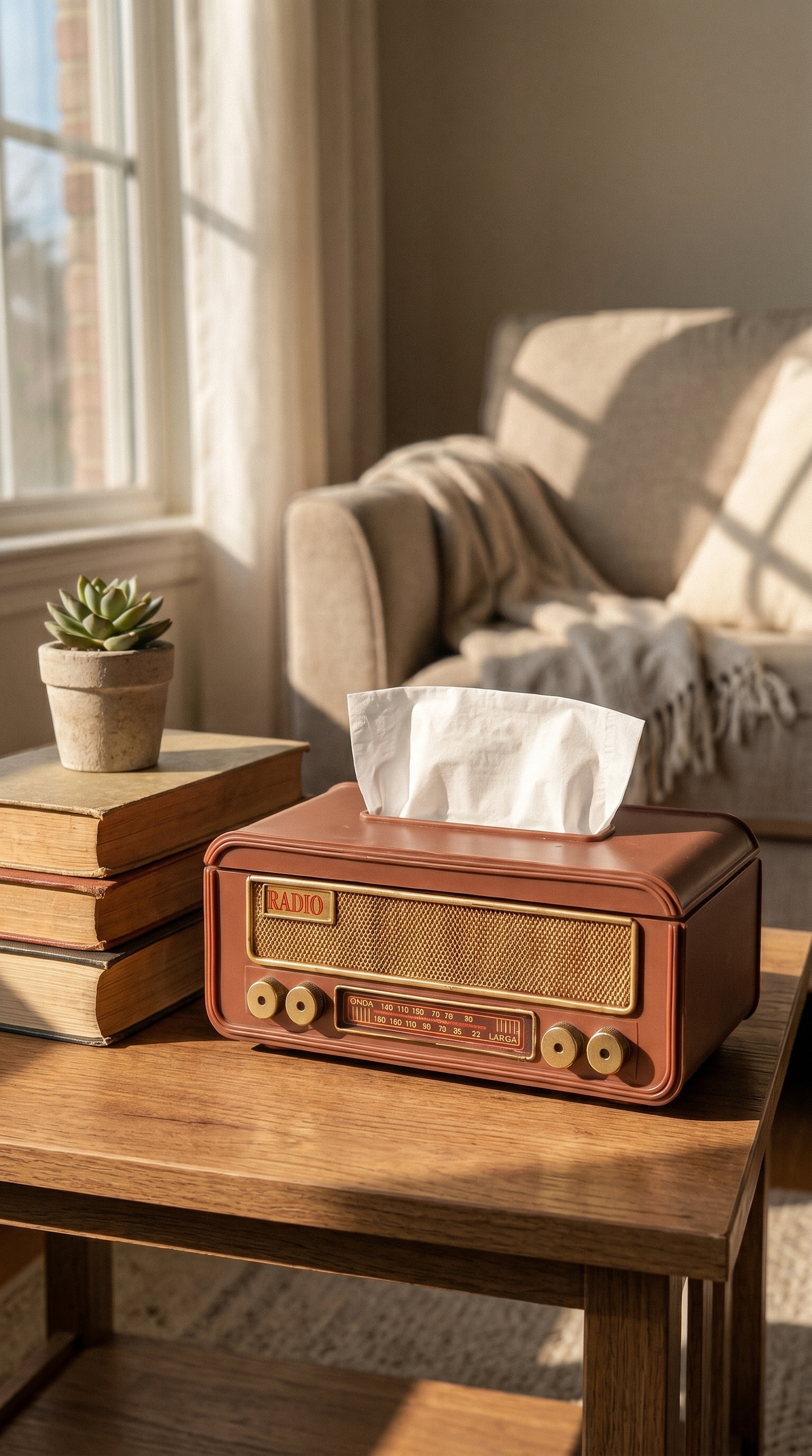 Radio tissue box in a cozy reading corner