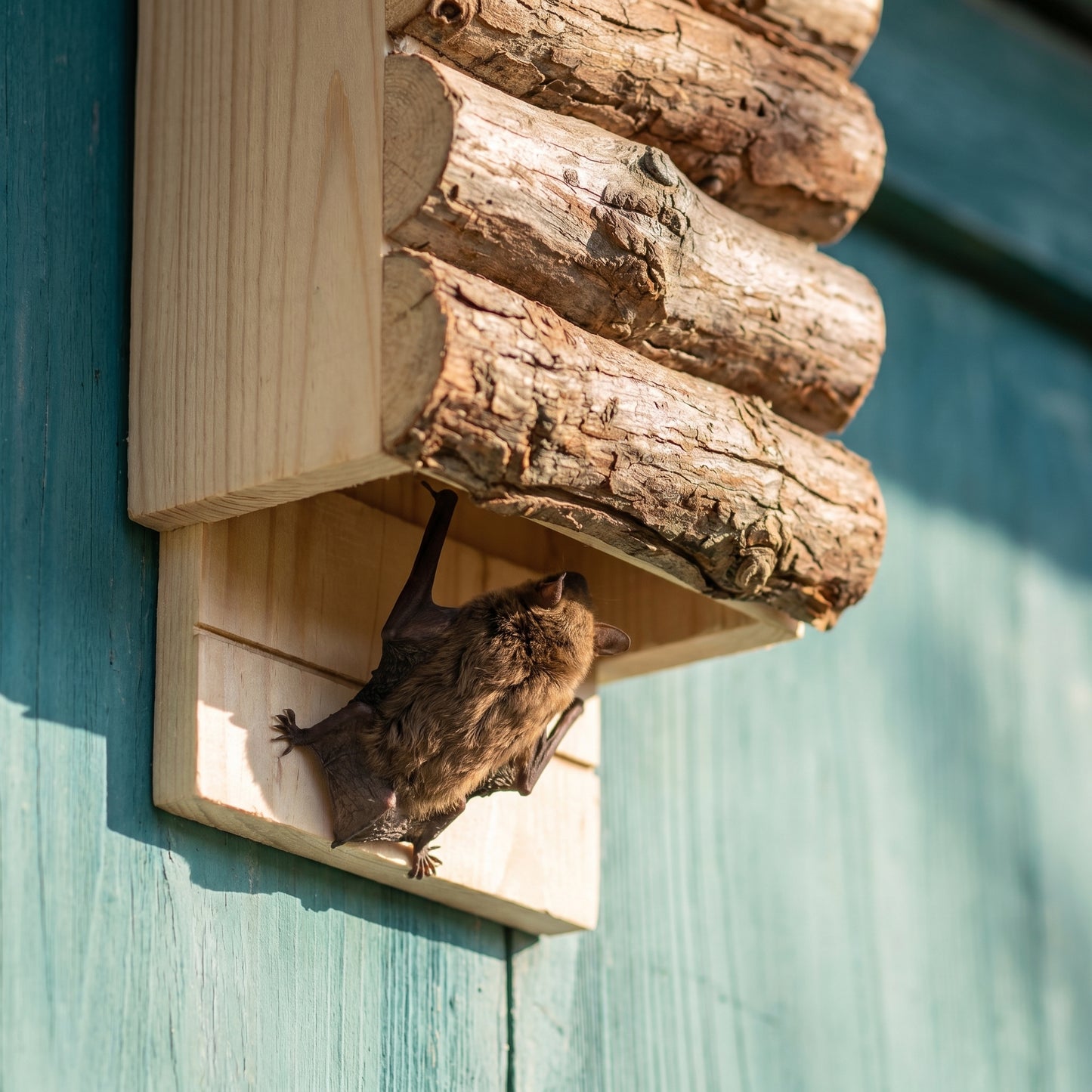 A little brown bat clinging to the open-bottom landing board of Earl's bat house, climbing up into the entry