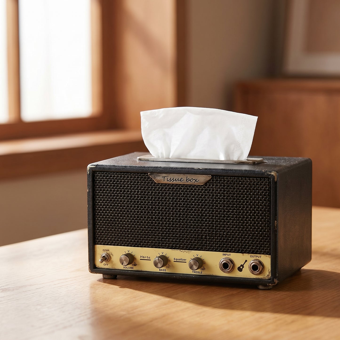 Guitar-amp tissue box on a wooden table