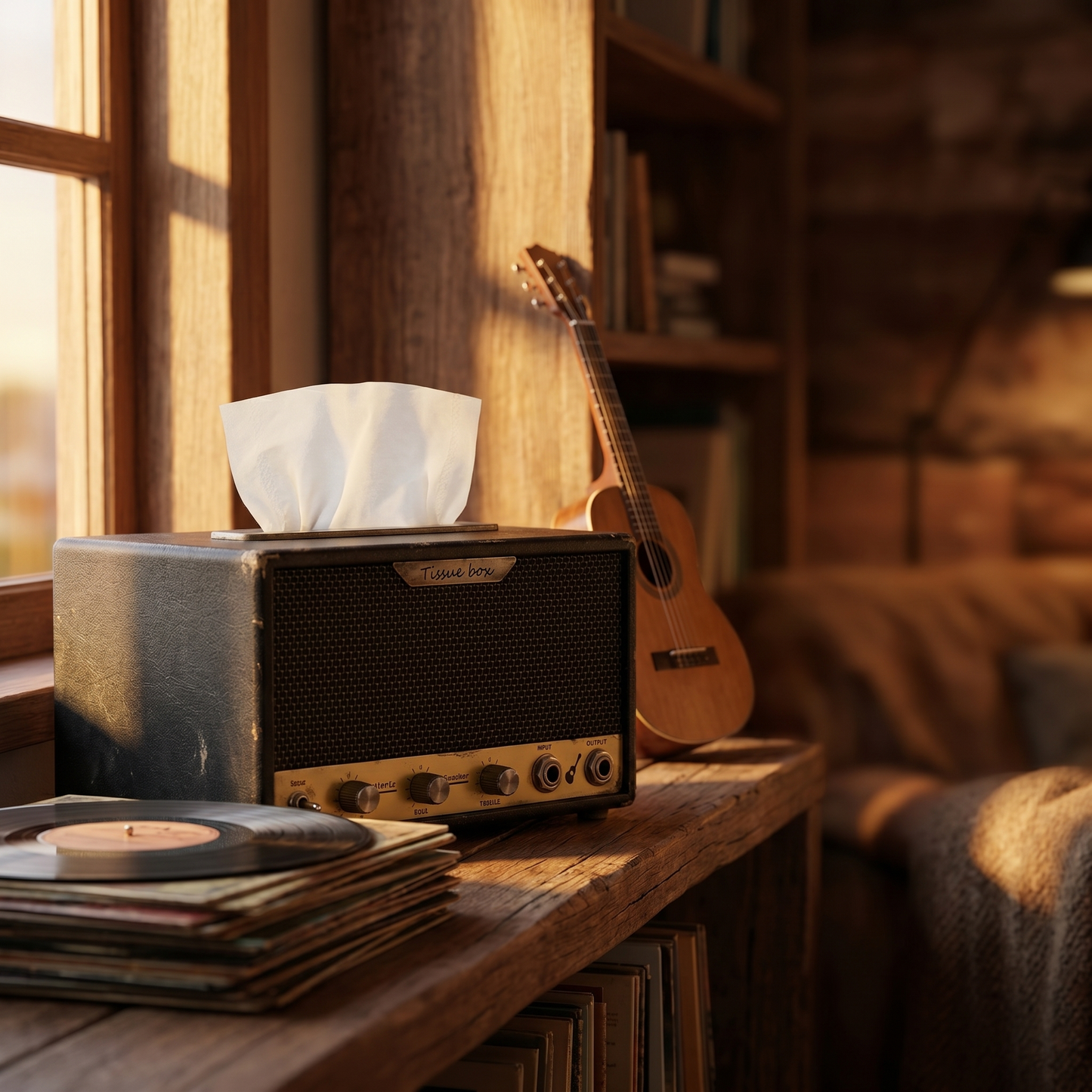 Guitar-amp tissue box on a shelf with vinyl records and a guitar