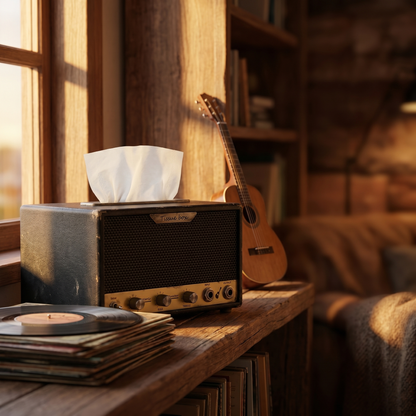 Guitar-amp tissue box on a shelf with vinyl records and a guitar