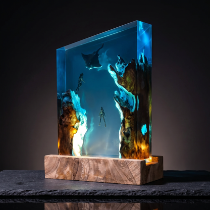 Tideglass manta ray ocean resin lamp on a driftwood base