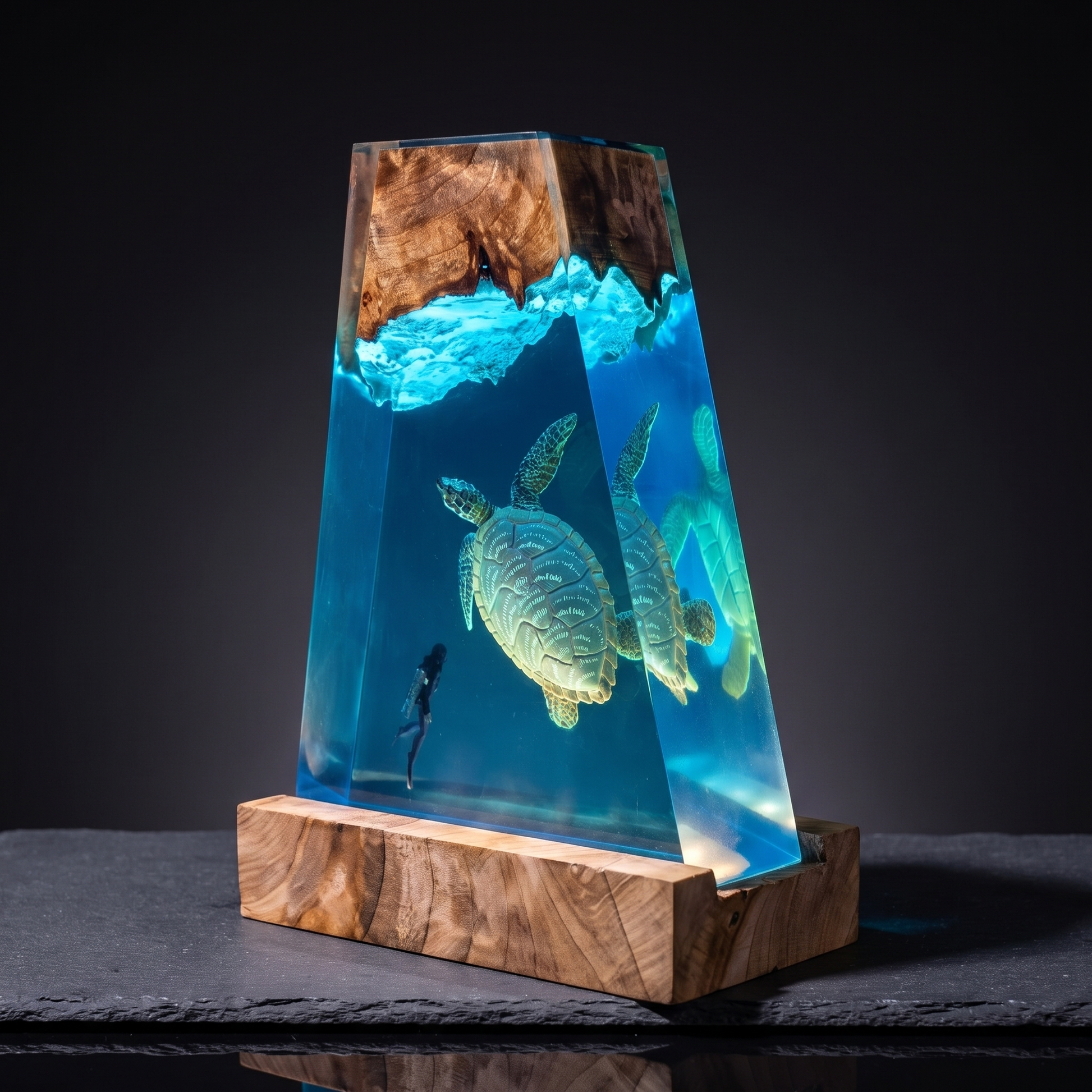 Tideglass sea turtles ocean resin lamp on a driftwood base
