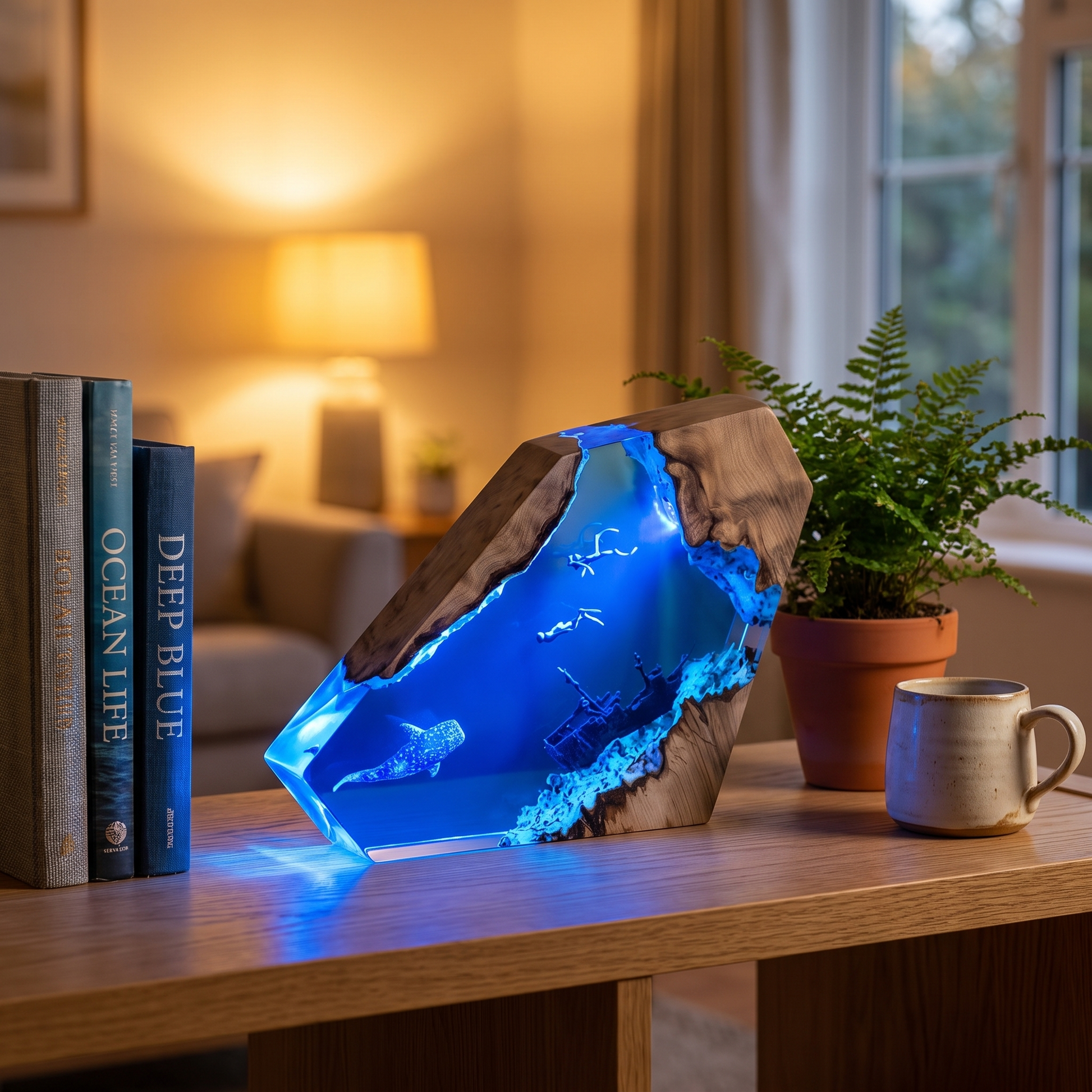 Tideglass ocean lamp glowing on a wooden shelf in a cozy living room at dusk