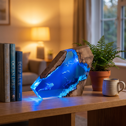 Tideglass ocean lamp glowing on a wooden shelf in a cozy living room at dusk