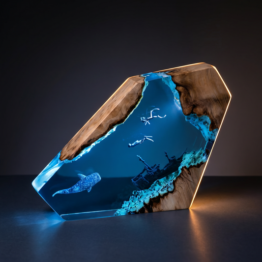 Tideglass whale shark ocean resin lamp glowing deep blue on a driftwood base