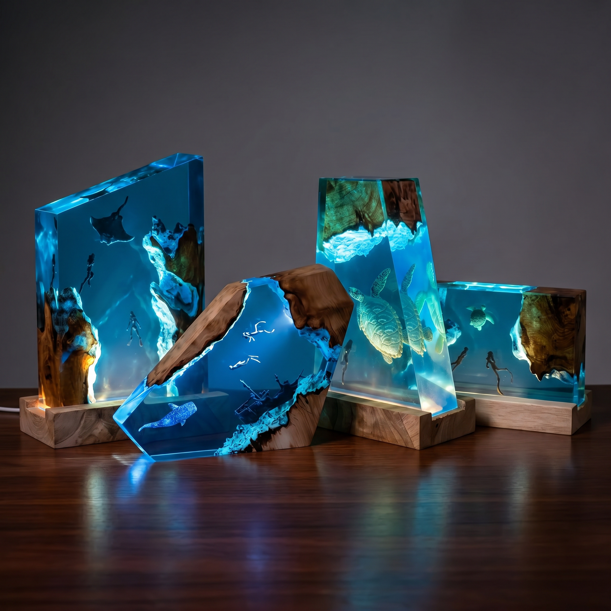 The four Tideglass designs lined up: manta ray, whale shark, sea turtles, and turtle with divers