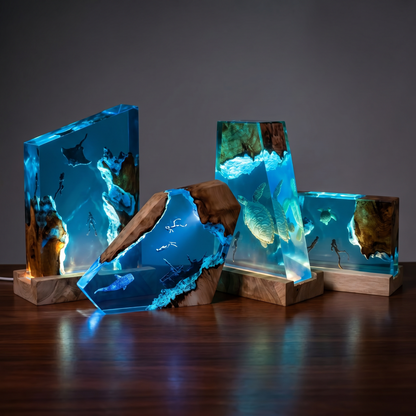 The four Tideglass designs lined up: manta ray, whale shark, sea turtles, and turtle with divers