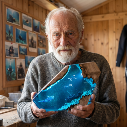 Eli Marsh, the maker, holding a glowing whale shark Tideglass ocean lamp in his workshop