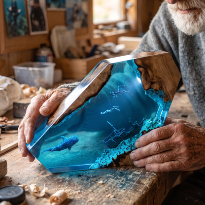 Eli Marsh’s weathered hands framing a finished glowing Tideglass ocean lamp on his workbench