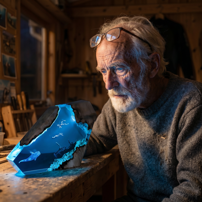 Eli Marsh sitting at his workbench at night, gazing at a glowing Tideglass ocean lamp
