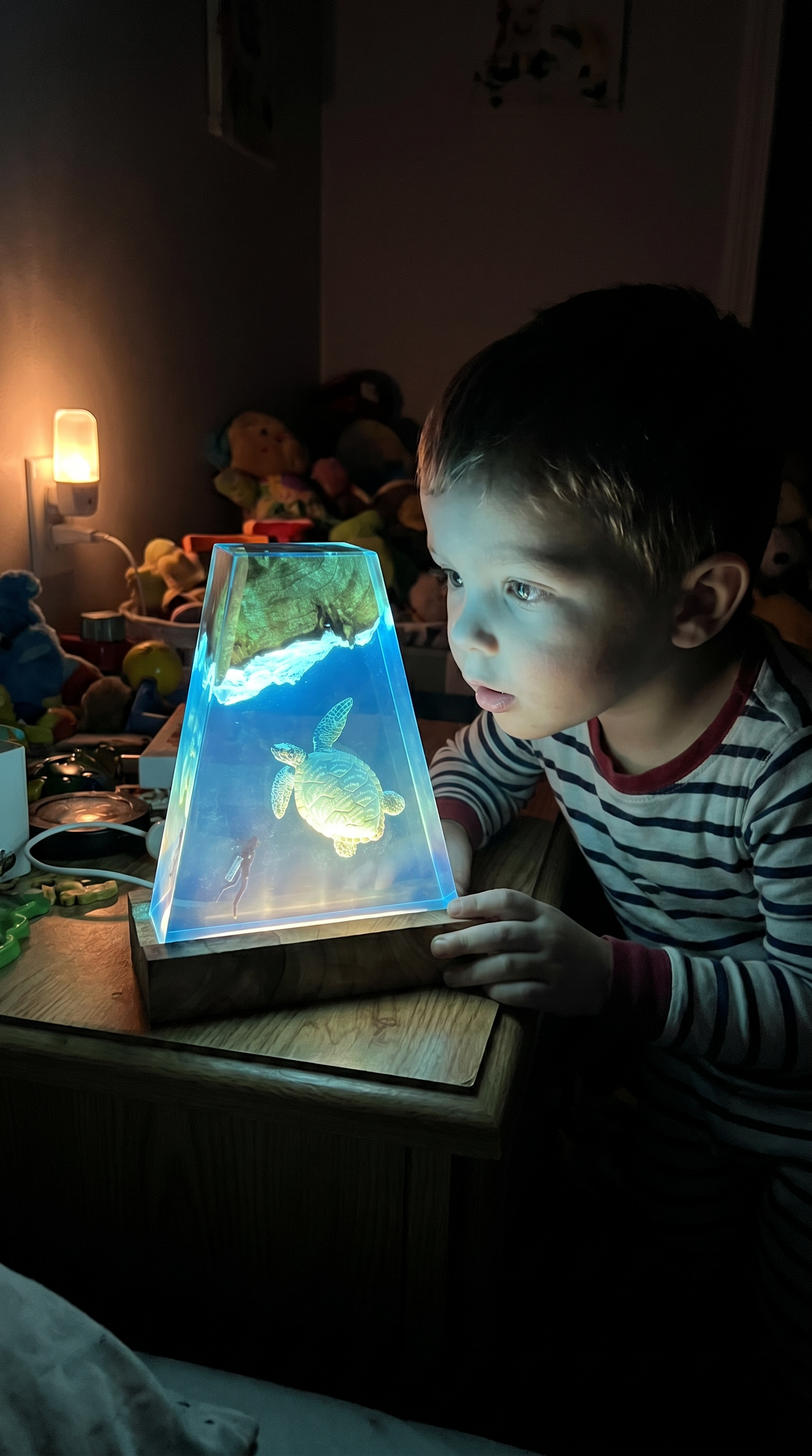 Child looking at a Tideglass sea turtle lamp - customer photo