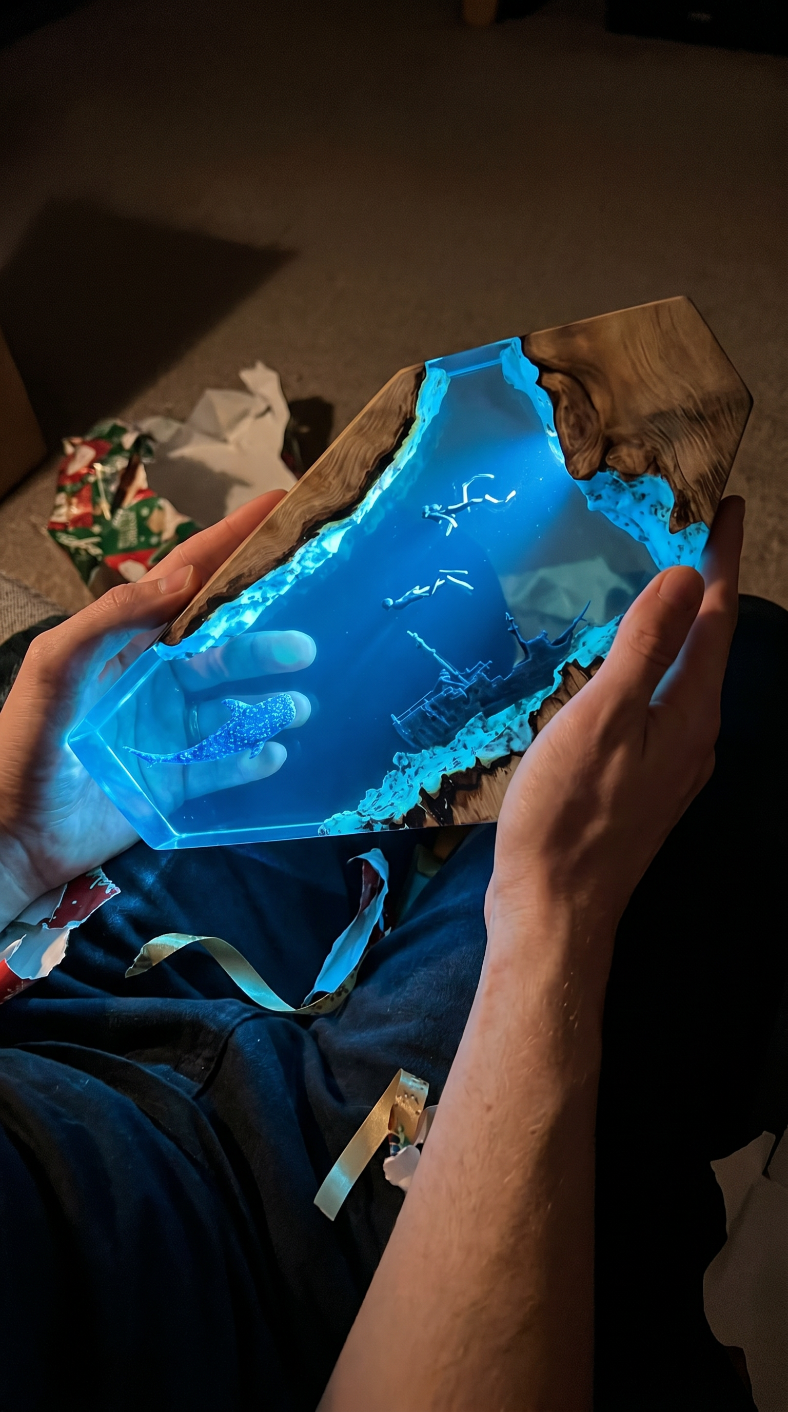 Tideglass whale shark lamp held as a gift - customer photo
