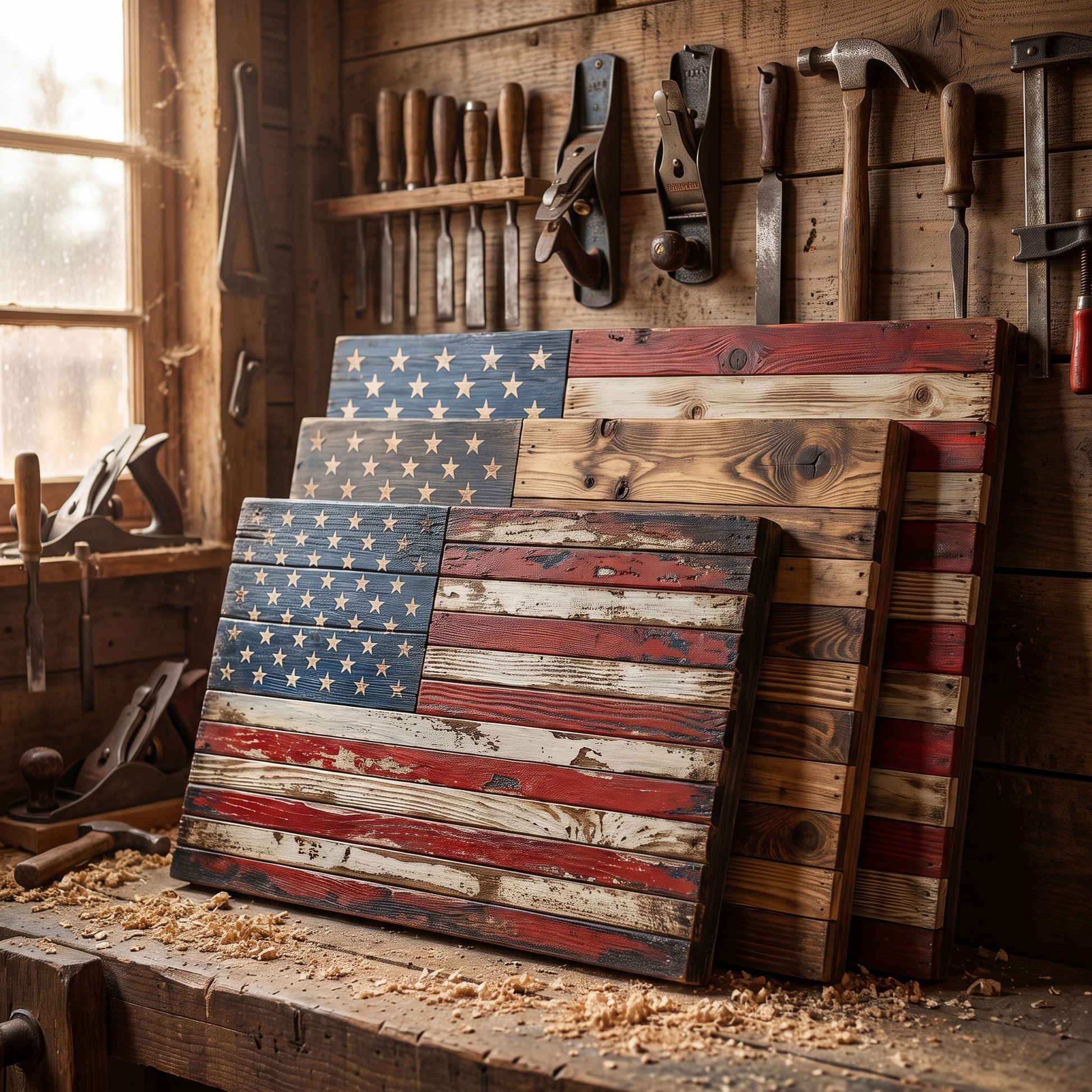 Three handcrafted wooden flags stacked in the workshop