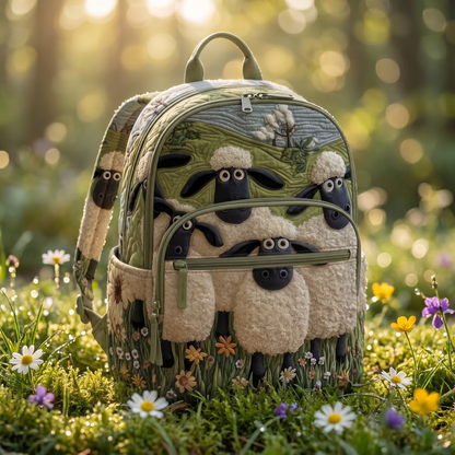 Hand-quilted sheep backpack on mossy grass with wildflowers