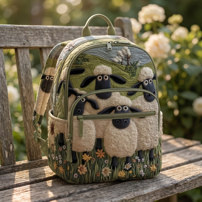 Hand-quilted sheep backpack on a garden bench