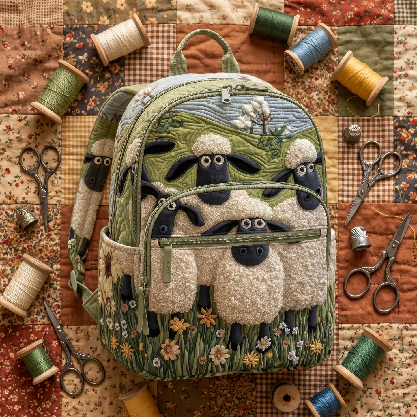 Flat-lay of the sheep backpack with thread spools and scissors