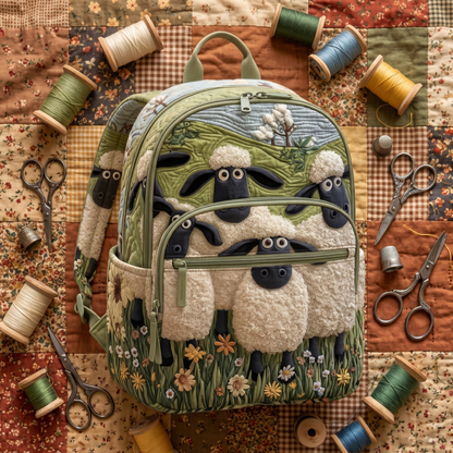 Flat-lay of the sheep backpack with thread spools and scissors