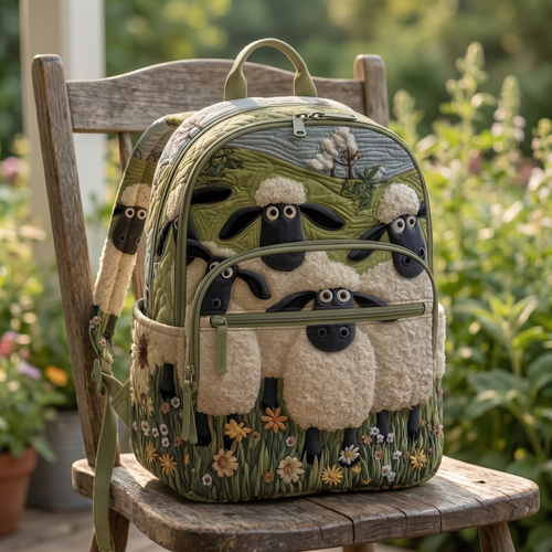 Hand-quilted sheep meadow backpack on a rustic bench
