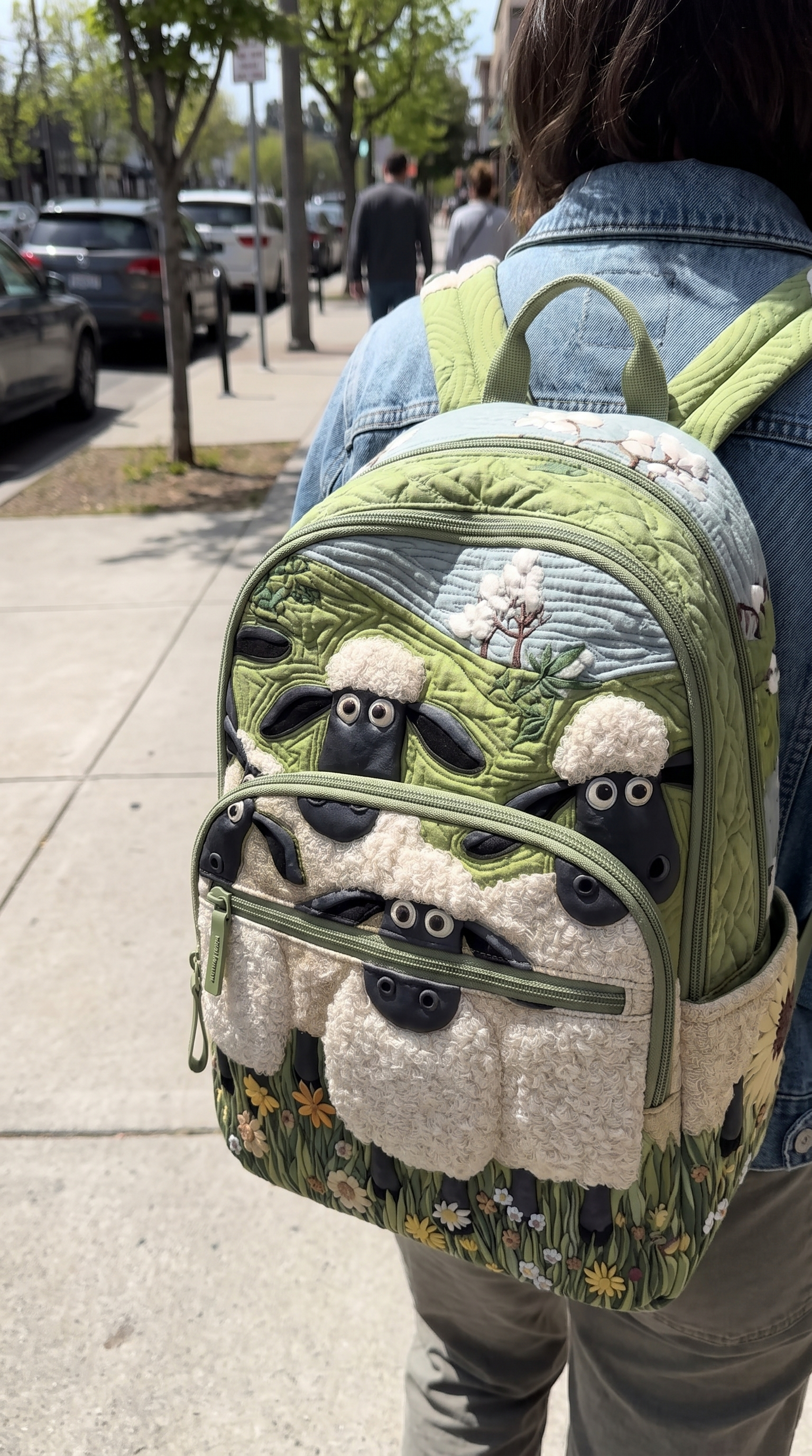 UGC review sheep backpack sidewalk