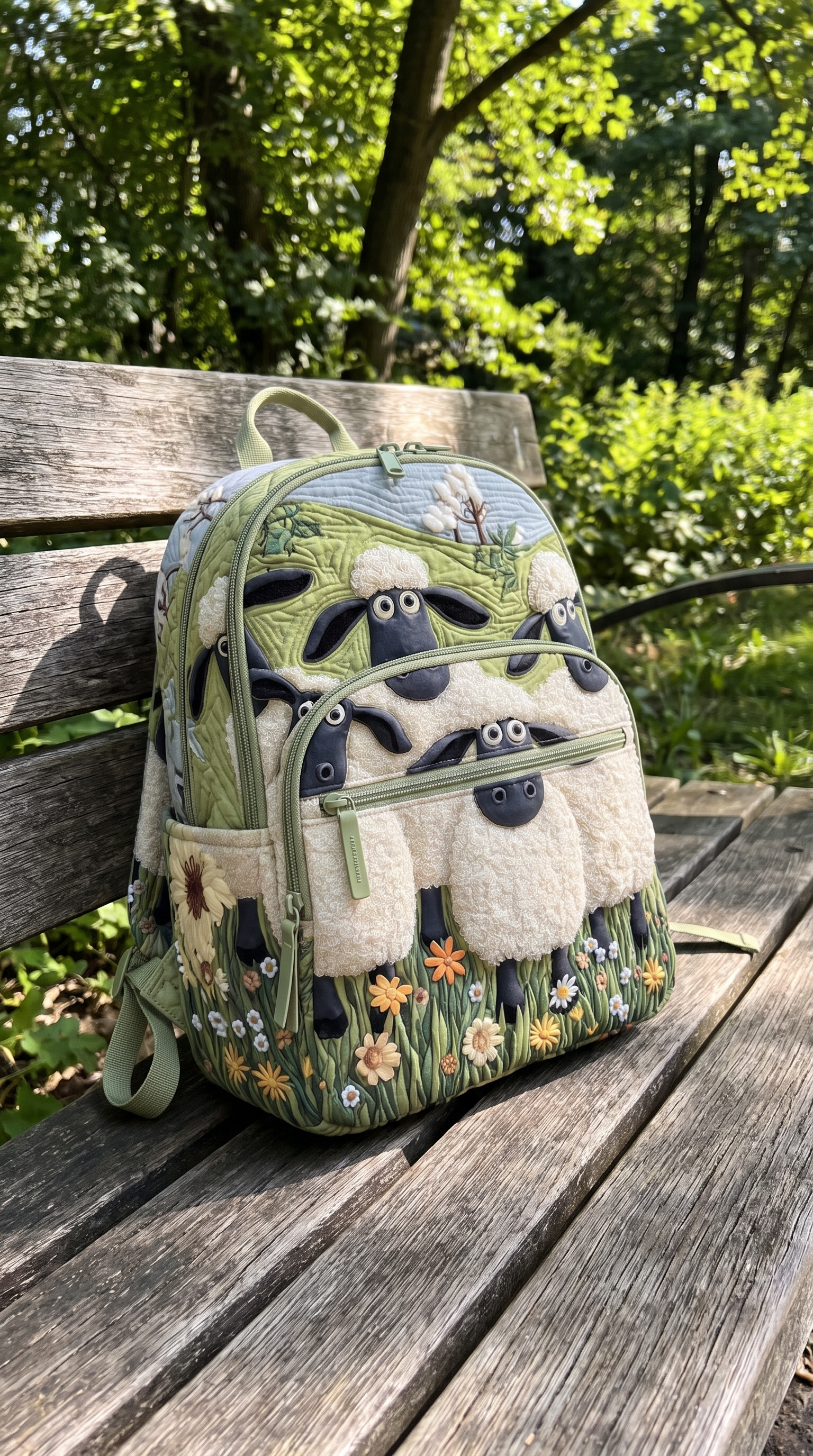 UGC review sheep backpack park bench