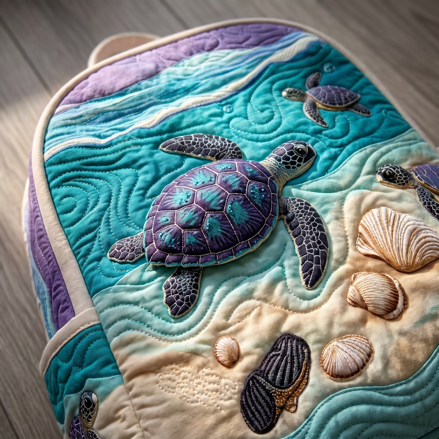 Close-up of the turquoise sea turtle applique and quilting